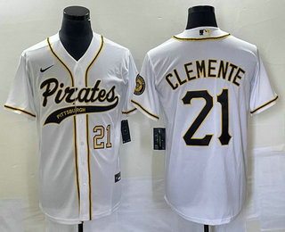Men's Pittsburgh Pirates #21 Roberto Clemente Number White Cool Base Stitched Baseball Jersey 01