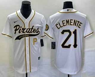 Men's Pittsburgh Pirates #21 Roberto Clemente Number White Cool Base Stitched Baseball Jersey 02