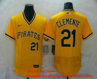 Men's Pittsburgh Pirates #21 Roberto Clemente Yellow Pullover Cooperstown Collection Stitched MLB Throwback Nike Jersey