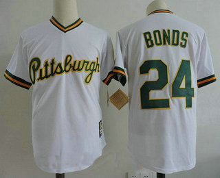 Men's Pittsburgh Pirates #24 Barry Bonds White with Green name number Stitched MLB Cooperstown Collection Jersey