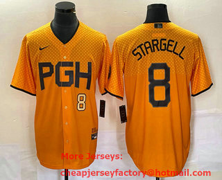 Men's Pittsburgh Pirates #8 Willie Stargell Number Yellow 2023 City Connect Stitched Jersey 01