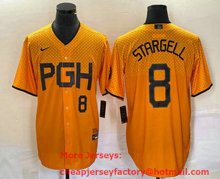 Men's Pittsburgh Pirates #8 Willie Stargell Number Yellow 2023 City Connect Stitched Jersey 02