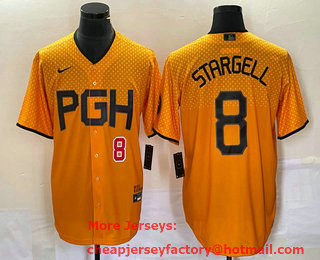Men's Pittsburgh Pirates #8 Willie Stargell Number Yellow 2023 City Connect Stitched Jersey 03