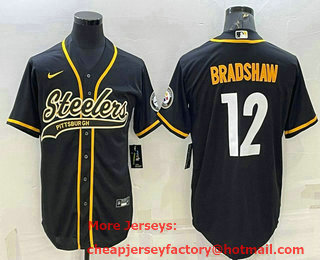 Men's Pittsburgh Steelers #12 Terry Bradshaw Black With Patch Cool Base Stitched Baseball Jersey
