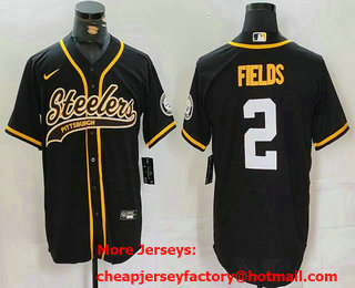 Men's Pittsburgh Steelers #2 Justin Fields Black With Patch Cool Base Stitched Baseball Jersey