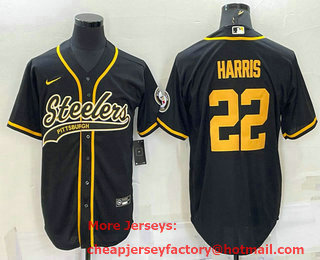 Men's Pittsburgh Steelers #22 Najee Harris Black Gold With Patch Cool Base Stitched Baseball Jersey