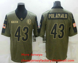 Men's Pittsburgh Steelers #43 Troy Polamalu 2021 Olive Salute To Service Limited Stitched Jersey