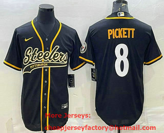 Men's Pittsburgh Steelers #8 Kenny Pickett Black With Patch Cool Base Stitched Baseball Jersey