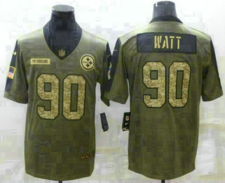 Men's Pittsburgh Steelers #90 TJ Watt 2021 Olive Camo Salute To Service Limited Stitched Jersey