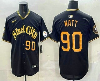 Men's Pittsburgh Steelers #90 TJ Watt Black 412 Patch Vapor Premier Limited Stitched Baseball Jersey