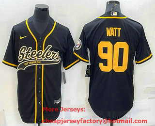 Men's Pittsburgh Steelers #90 TJ Watt Black Gold With Patch Cool Base Stitched Baseball Jersey