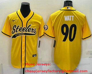 Men's Pittsburgh Steelers #90 TJ Watt Gold With Patch Cool Base Stitched Baseball Jersey