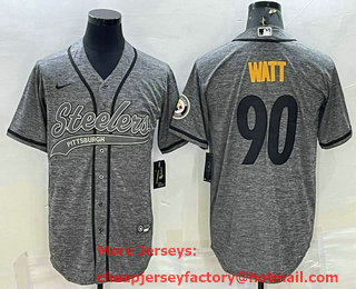 Men's Pittsburgh Steelers #90 TJ Watt Grey Gridiron With Patch Cool Base Stitched Baseball Jersey