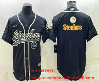 Men's Pittsburgh Steelers Black Reflective Team Big Logo With Patch Cool Base Stitched Baseball Jersey