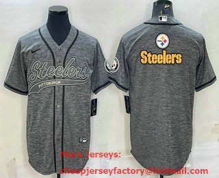 Men's Pittsburgh Steelers Grey Gridiron Gridiron Team Big Logo Cool Base Stitched Baseball Jersey