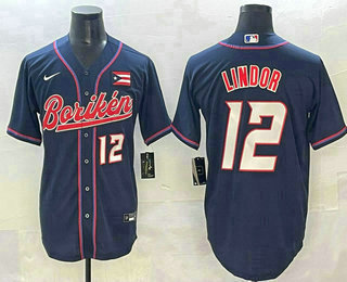Men's Puerto Rico Baseball #12 Francisco Lindor Navy 2023 World Baseball Classic Stitched Jersey