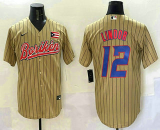 Men's Puerto Rico Baseball #12 Francisco Lindor Tan 2023 World Baseball Classic Stitched Jersey