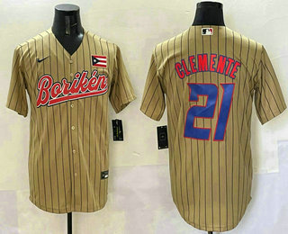Men's Puerto Rico Baseball #21 Roberto Clemente Tan 2023 World Baseball Classic Stitched Jersey