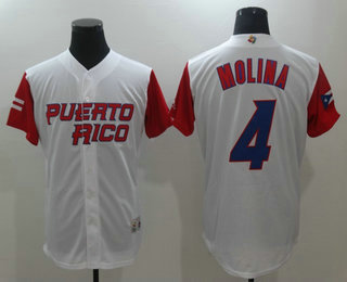 Men's Puerto Rico Baseball #4 Yadier Molina White 2017 World Baseball Classic Stitched Authentic Jersey