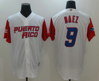 Men's Puerto Rico Baseball #9 Javier Baez White 2017 World Baseball Classic Stitched Authentic Jersey