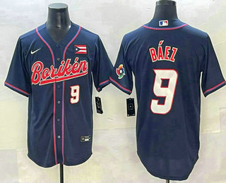 Men's Puerto Rico Baseball #9 Javier Baez Navy 2023 World Baseball Classic Stitched Jersey