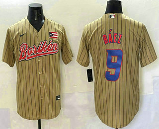 Men's Puerto Rico Baseball #9 Javier Baez Tan 2023 World Baseball Classic Stitched Jersey