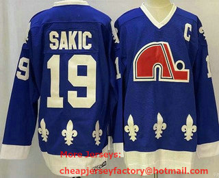 Men's Quebec Nordiques #19 Joe Sakic Blue Throwback Stitched Jersey