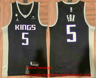 Men's Sacramento Kings #5 DeAaron Fox Black 6 Patch Jordan Swingman Stitched Jersey With Sponsor