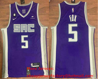 Men's Sacramento Kings #5 DeAaron Fox Purple 6 Patch Nike Swingman Stitched Jersey With Sponsor