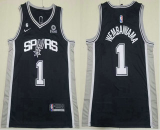 Men's San Antonio Spurs #1 Victor Wembanyama Black 2023 Icon Edition With 6 Patch Stitched Basketball Jersey