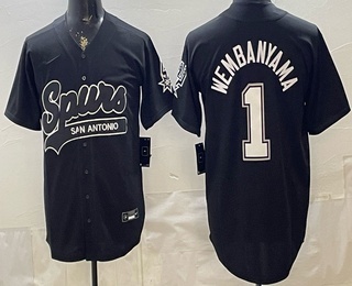 Men's San Antonio Spurs #1 Victor Wembanyama Black Stitched Baseball Jersey 11