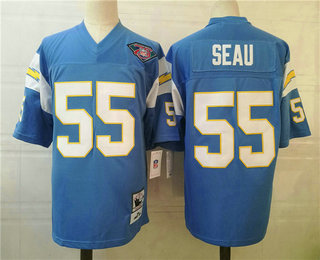 Men's San Diego Chargers #55 Junior Seau Light Blue With 75TH Patch Throwback Jersey by Mitchell & Ness