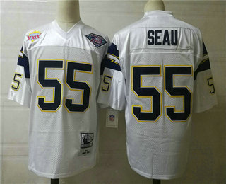 Men's San Diego Chargers #55 Junior Seau White With 75TH Patch Throwback Jersey by Mitchell & Ness