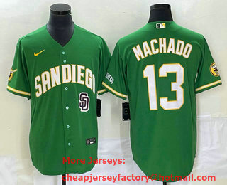 Men's San Diego Padres #13 Manny Machado Green Cool Base Stitched Baseball Jersey 01