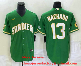 Men's San Diego Padres #13 Manny Machado Green Cool Base Stitched Baseball Jersey 02