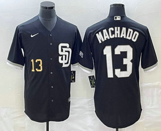 Men's San Diego Padres #13 Manny Machado Number Black 2023 Cool Base Stitched Jersey 01