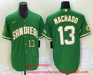 Men's San Diego Padres #13 Manny Machado Number Green Cool Base Stitched Baseball Jersey 01