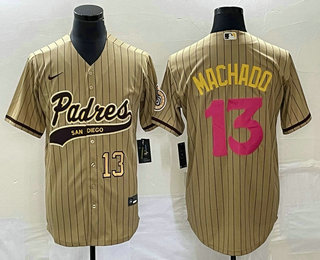 Men's San Diego Padres #13 Manny Machado Number Tan Pinstripe 2023 City Connect Cool Base Stitched Jersey 11