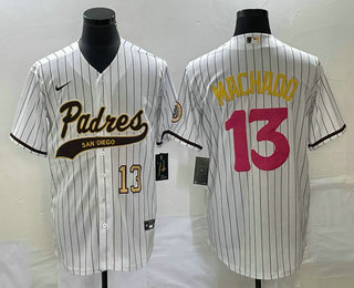 Men's San Diego Padres #13 Manny Machado Number White Pinstripe 2023 City Connect Cool Base Stitched Jersey 11