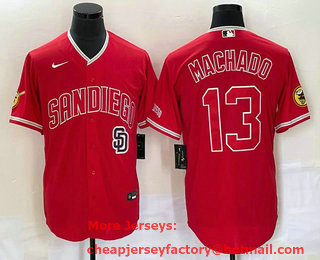 Men's San Diego Padres #13 Manny Machado Red NEW 2023 Cool Base Stitched Jersey 01