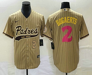 Men's San Diego Padres #2 Xander Bogaerts Number Tan Pinstripe 2023 City Connect Cool Base Stitched Jersey 11