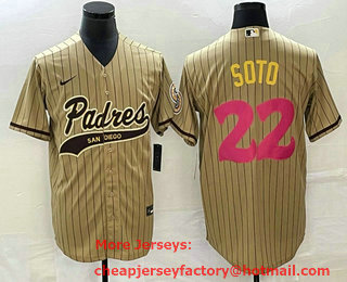 Men's San Diego Padres #22 Juan Soto Tan Pinstripe 2023 City Connect Cool Base Stitched Jersey 11
