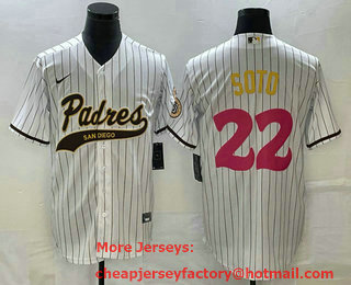 Men's San Diego Padres #22 Juan Soto White Pinstripe 2023 City Connect Cool Base Stitched Jersey 11