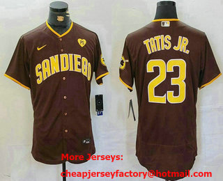 Men's San Diego Padres #23 Fernando Tatis Jr Brown With PS Patch Stitched Flex Base Jersey