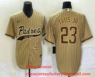 Men's San Diego Padres #23 Fernando Tatis Jr Number Tan NEW 2023 Cool Base Stitched Jersey 01