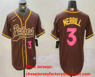 Men's San Diego Padres #3 Jackson Merrill Number Brown Cool Base Stitched Baseball Jersey