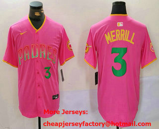 Men's San Diego Padres #3 Jackson Merrill Pink Player Number Fashion Baseball Jersey