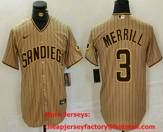 Men's San Diego Padres #3 Jackson Merrill Tan NEW 2023 Cool Base Stitched Jersey