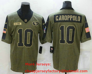 Men's San Francisco 49ers #10 Jimmy Garoppolo 2021 Olive Salute To Service Limited Stitched Jersey