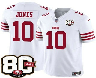 Men's San Francisco 49ers #10 Mac Jones Limited White 80th Anniversary Patch FUSE Vapor Jersey